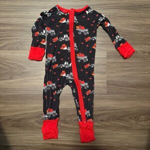 Miozing Bamboo Footie with Red and Black ConstructionTruck and hearts Print 3/6M